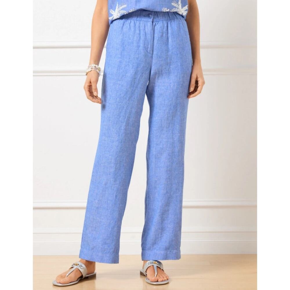 Talbots Women's XL Wide Leg Washed Linen Pants Flat Front Cross Dyed Blue